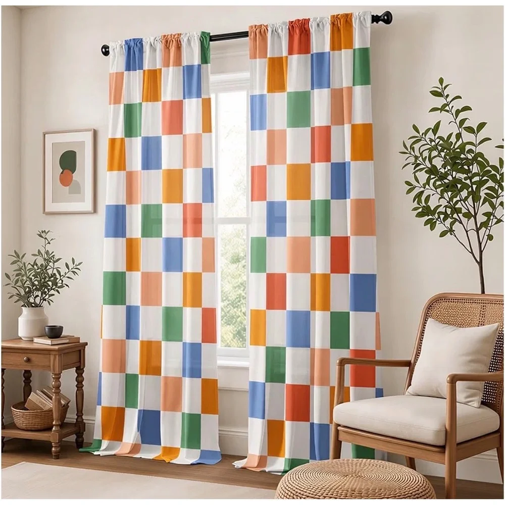 Pink White Checkered Curtains 2 Panel Set 52